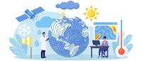 Illustration shows a man in a white coat with a clipboard and a woman at a desk with a computer along with various icons representing the climate: thermometer, sun, storms, globe, etc.